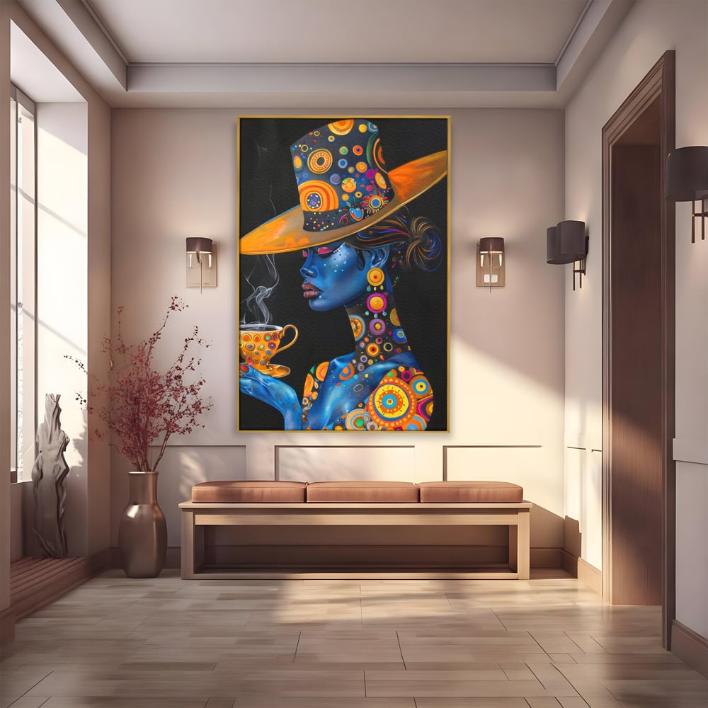 Tablou canvas cu tablou canvas cu portretul unei femei albastre, in rama de aluminiu auriu